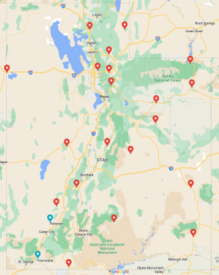 A map of Utah with pins locating Explorer Corps markers.