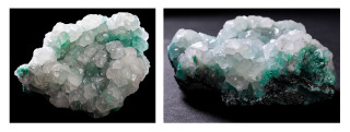 Calcite crystals that have grown over the surface of aurichalcite crystals.