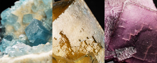 A triptych of fluorite crystals of varying colors.