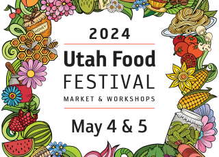 The Utah Food Festival logo is surrounded by drawings of food and plants