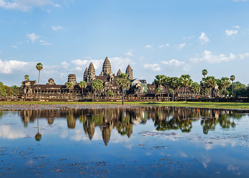 Angkor Wat temple complex viewed from afar. 