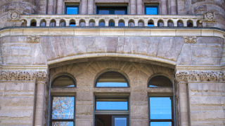 A wall of the City County building in Salt Lake City that features Kosmoceratops. 