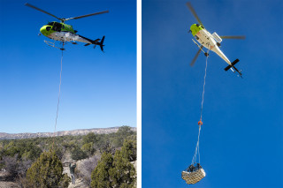 Helicopter lifting a paleontology specimen