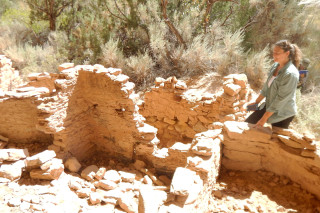 Lisbeth Louderback inspects an archaeological site