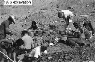 Black and white photo of an excavation at the quarry.