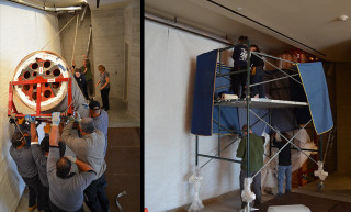 Installing the mural in the Rio Tinto Center.