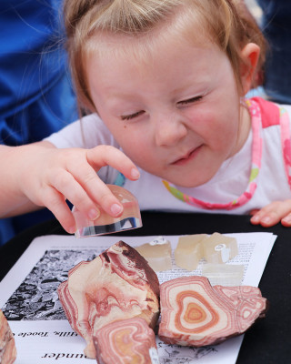 A girl looks at minerals through a magnifying glass. 