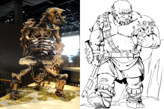 A diptych of a fossil of a giant sloth and a sketch of an ogre. 