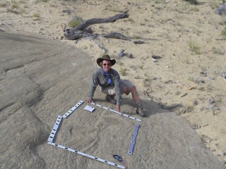 Neffra next to a large dinosaur track.