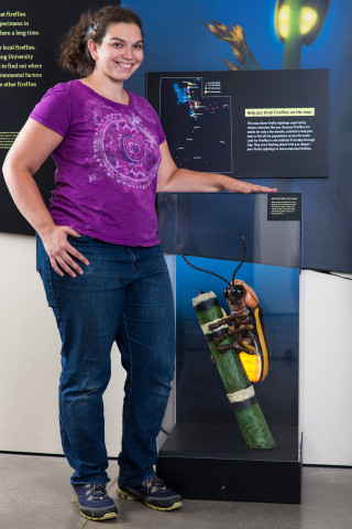 Preparator Emily Szalay stands next to a firefly model she built at NHMU.