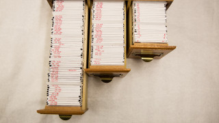 Open drawers of lantern slides.