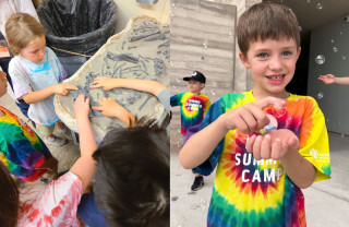 Children feel dinosaur bones next to a boy holding a bubble