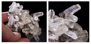 Elongated hexagonal calcite crystals.