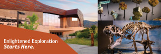 Images of the museum exterior, a dinosaur fossil, and minerals.