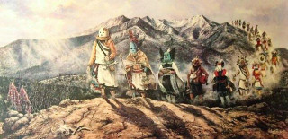 Painting of the Kachina march in which masked figures walk through a mountain landscape.