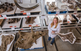A paleontologist stands next to shelves full of large fossils.