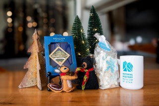 A selection of gifts including ornaments and an NHMU mug.