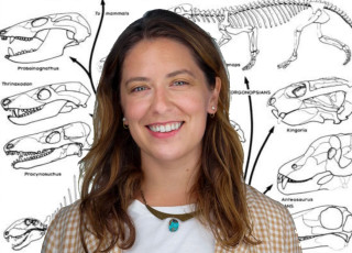 Dr. Megan Whitney smiles in front of a background with illustrated animal skulls.