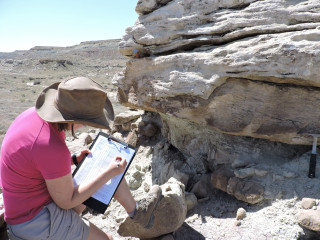 Susannah writes on a clip work while conducting field work. 