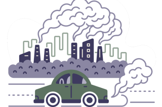 An illustration of a car driving by a factory with both emitting emissions. 