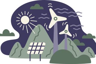 Illustration of windmills and solar panels. 