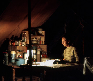 Jane Goodall works at a typewriter in a tent. 