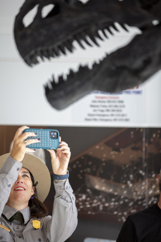 A woman takes a photo of a dinosaur fossil display.