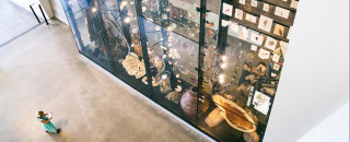 A view looking down at the collections wall from an elevated perspective.