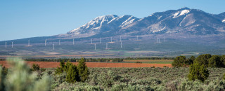 A wind farm at the base of mountains. 