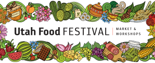 Food fest logo surrounded by a border of cartoon food and plants