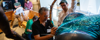 A team word on installing a large model of a tiger beetle head. 