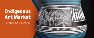 An intricately carved pot and &quot;Indigenous Art Market&quot; title.