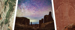 Three images: a satellite composite image of Utah; cliffs with stars; anthropomorphic petroglyph
