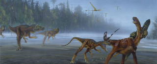 This is an artistic depiction of dinosaurs hunting.