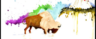 A colorful painting of a buffalo.