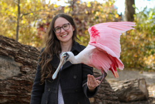 Anne Terry, Director of Education for Tracy Aviary, holding a roseate spoonbill.
