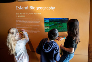 Students writing on their worksheet reading an exhibit. 