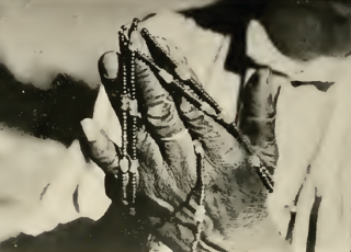 A histoire photo of a pair of hands holding a strand of shell beads.