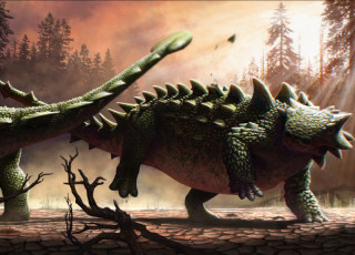 An illustration of two ankylosaurs battling by using their large tail clubs. 