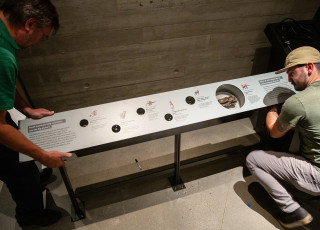 Museum staff install a new exhibit railing.