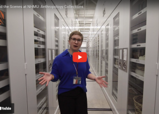 A woman leads a tour of a collection space at a museum.