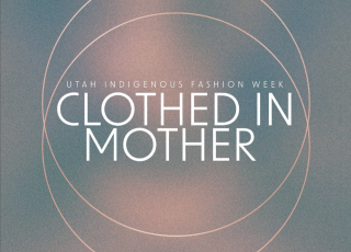 a blue and orange graphic for &#039;Clothed in Mother&#039; fashion show