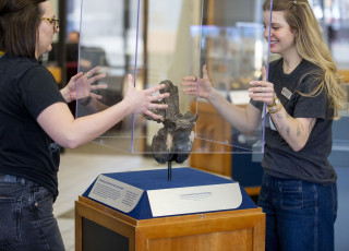 Layne Sermersheim and Katie Vitti installing the dinosaur case at a Traveling Treasures move.