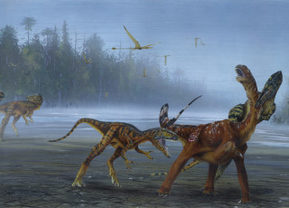 This is an artistic depiction of dinosaurs hunting.