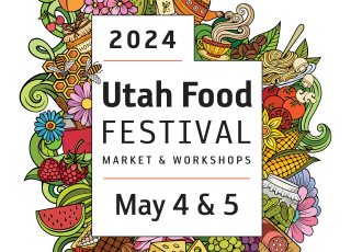 The food fest logo is in a shape of Utah surrounded by drawings of food and plants