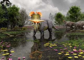 A ceratopsian dinosaur with orange horns and green frill stands in swamp with lily pads