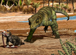 An illustration of a large green crocodylian stalking a small mammal in a swamp